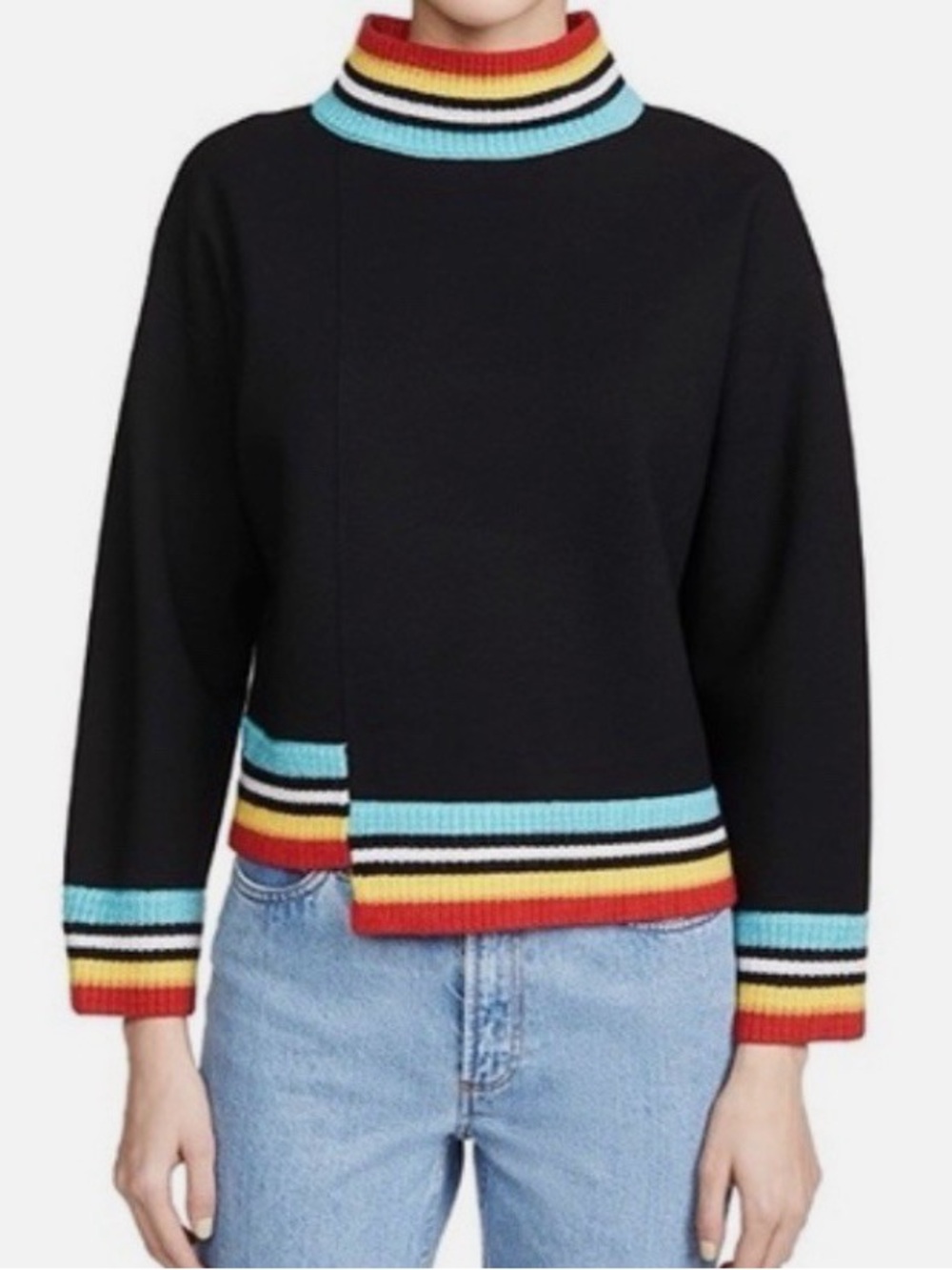 Alice + Olivia Black Mock Neck Sweater with Multicolor Striped Trim